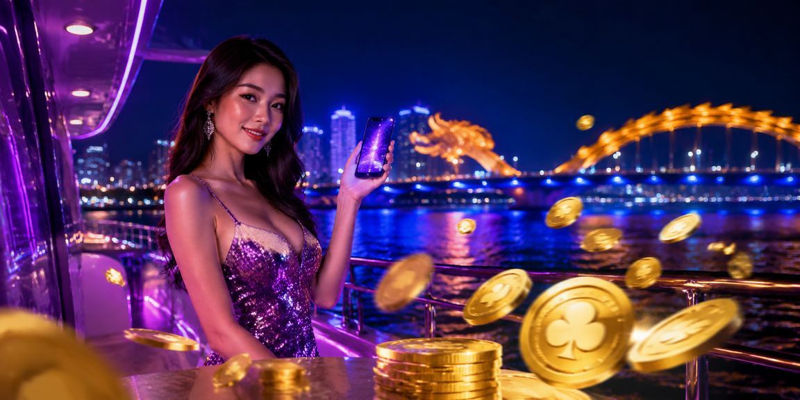 Màn hình neon sôi động tại Đà Nẵng hiển thị giao diện casino di động xs10 ban đêm
